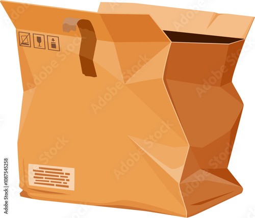Damaged crumpled box or crushed ripped cargo parcel of broken delivery cardboard package, vector icon. Open carton box with crumpled and ripped sides for delivery or transportation and storage damage