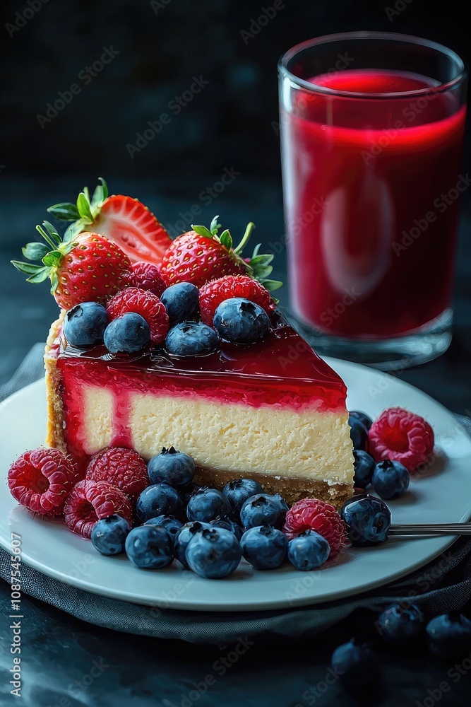 Delicious Cheesecake with Fresh Berries and Berry Juice. Gourmet Dessert Photography for Food Lovers. Slice of Creamy Cheesecake Topped with Berries and Fresh Juice – High-Quality Food Image Delicious Cheesecake with Fresh Berries and Berry Juice. Gourmet Dessert Photography for Food Lovers. Slice of Creamy Cheesecake Topped with Berries and Fresh Juice – High-Quality Food Image