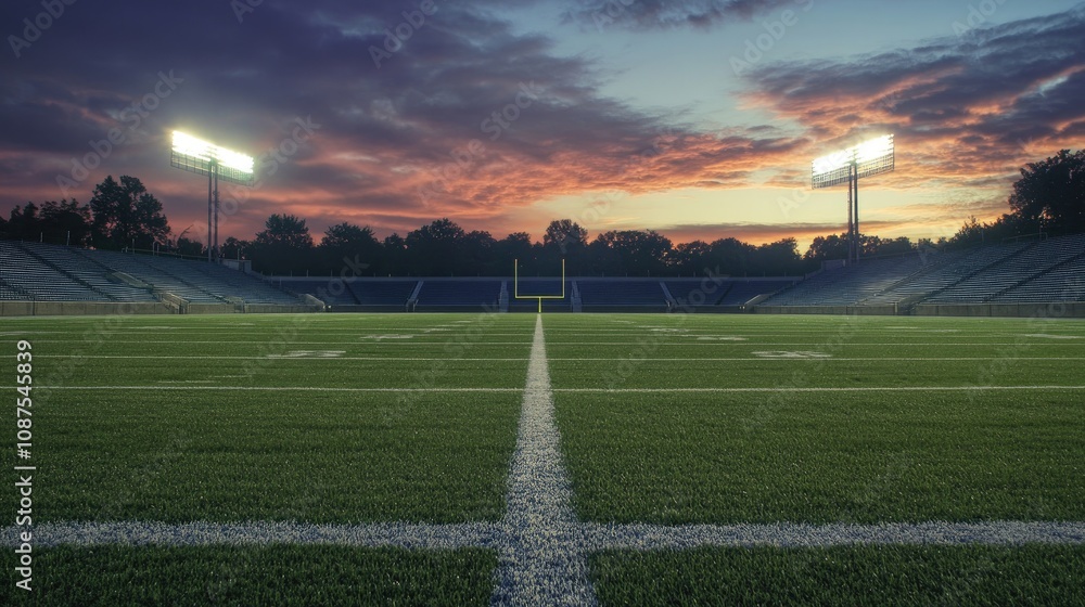 Obraz premium Empty stadium at sunset, a peaceful quiet over the field, with stadium lights adding warmth to the evening scene.