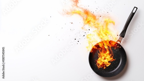 Frying pan with fire, cooking food.