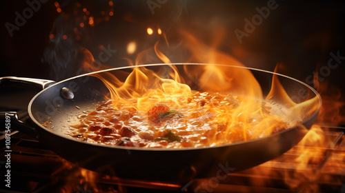 Frying pan with fire, cooking food.