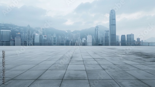 Empty square floor with city skyline background, Cityscape plaza with modern skyscrapers, dynamic composition