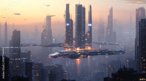 Futuristic city with flying vehicles and skyscrapers at sunset.