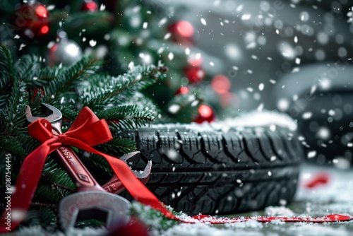 Holiday themed tire decorated with ornaments and a wrench under soft snow and a Christmas tree in a Christmas setting. Car service. Automobile store. Christmas and New Year greetings. With copy space photo