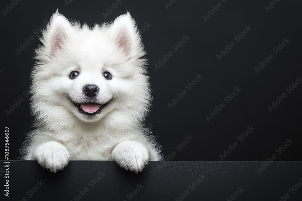 A fluffy Samoyed puppy with a bright smile, peeking from behind a black paper, perfect for pet-themed projects. A fluffy Samoyed puppy with a bright smile, peeking from behind a black paper, perfect for pet-themed projects.