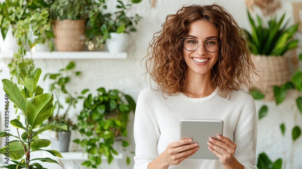 A smiling woman with curly hair holds a tablet in a green, plant-filled space, exuding a cozy and cheerful vibe. A smiling woman with curly hair holds a tablet in a green, plant-filled space, exuding a cozy and cheerful vibe.