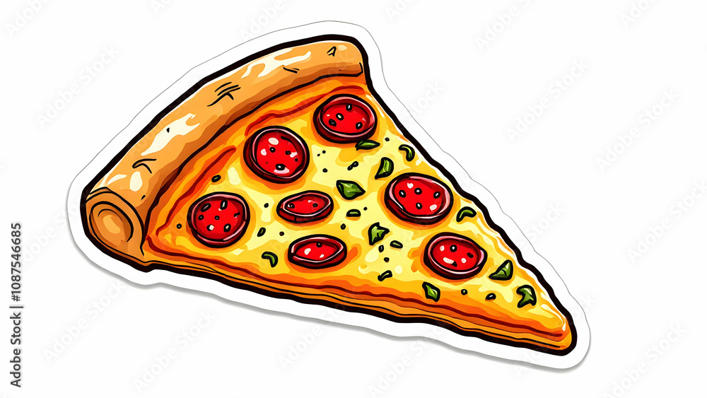 A vibrant cartoon illustration of a pepperoni pizza slice, featuring melted cheese, herbs, and a crispy crust. The image is presented as a sticker. A vibrant cartoon illustration of a pepperoni pizza slice, featuring melted cheese, herbs, and a crispy crust. The image is presented as a sticker.