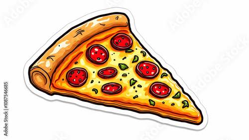 A vibrant cartoon illustration of a pepperoni pizza slice, featuring melted cheese, herbs, and a crispy crust. The image is presented as a sticker.