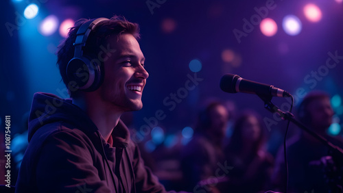 A happy male gamer with headphones smiles while streaming live. A microphone is positioned nearby in a dimly lit, purplehued room, with a blurred audience in the background. photo