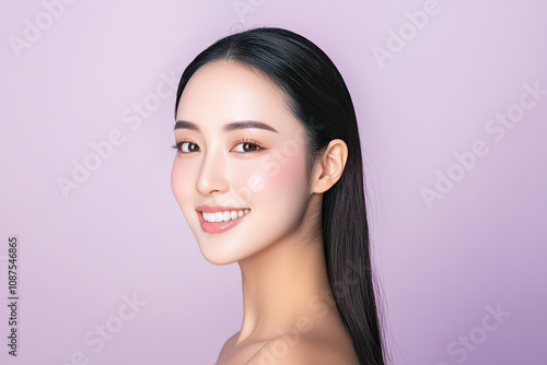 Beautiful asian woman with long hair smiles softly against a pastel background, radiating confidence and natural beauty.