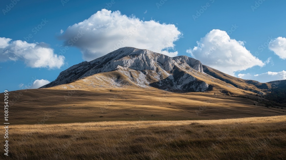 Stunning Mountain Landscape with Vibrant Blue Sky and Golden Plains Stunning Mountain Landscape with Vibrant Blue Sky and Golden Plains