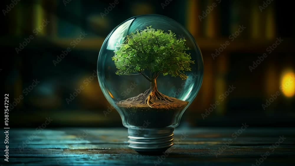 Eco-friendly concept featuring a bonsai tree growing inside a glass light bulb on a wooden surface, symbolizing sustainability, nature conservation, and innovation Eco-friendly concept featuring a bonsai tree growing inside a glass light bulb on a wooden surface, symbolizing sustainability, nature conservation, and innovation