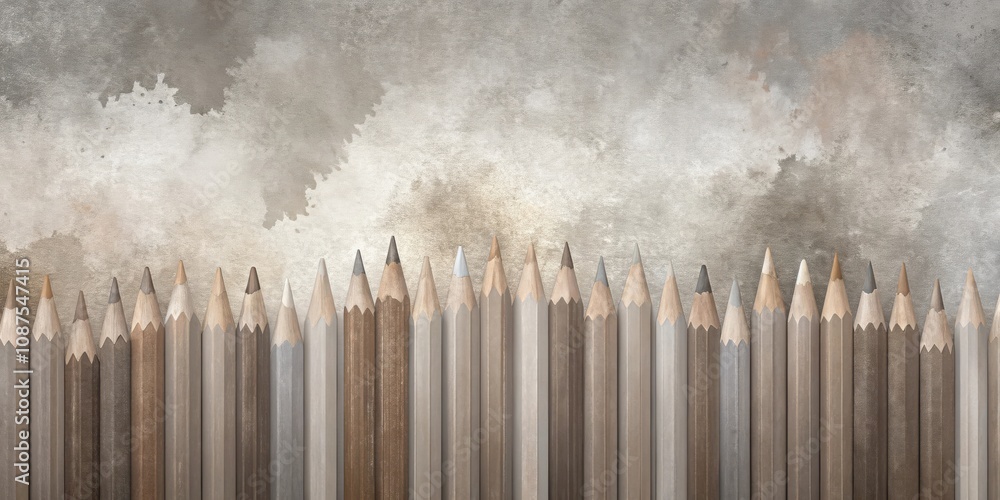 A row of sharpened wooden pencils against a textured, grey background with subtle watercolor streaks. A row of sharpened wooden pencils against a textured, grey background with subtle watercolor streaks.