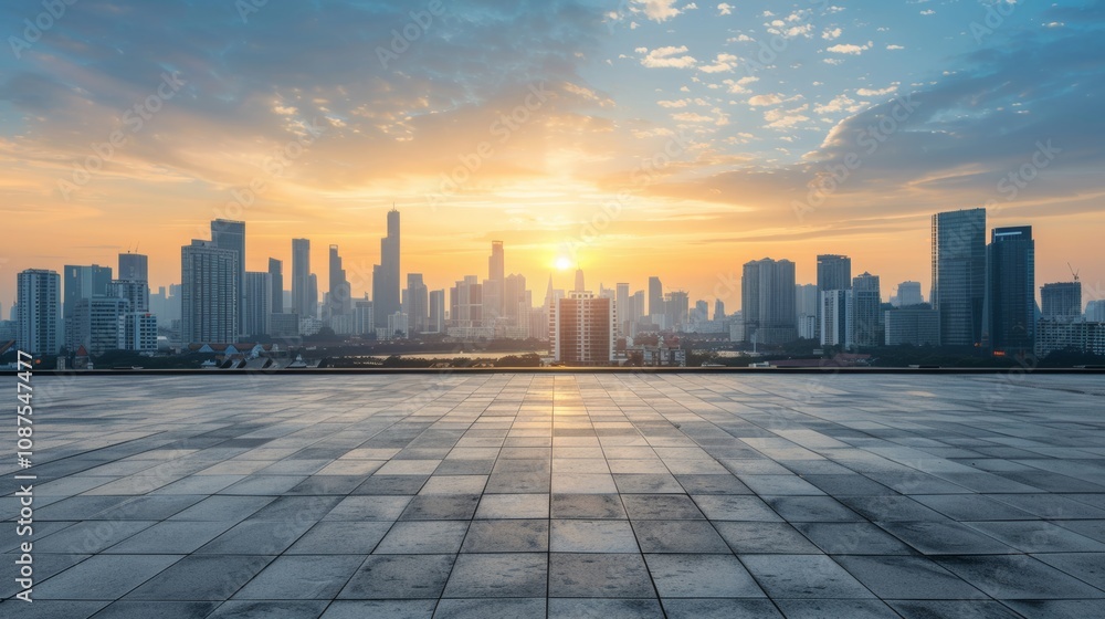Empty square floor with city skyline background, Modern city plaza with sleek skyscrapers, symmetrical layout Empty square floor with city skyline background, Modern city plaza with sleek skyscrapers, symmetrical layout