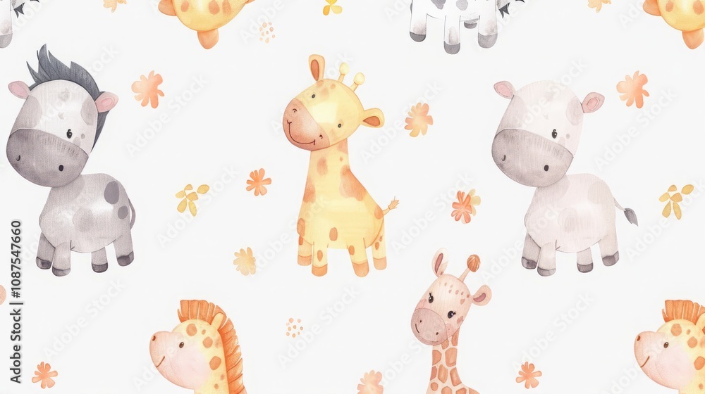 Fototapeta premium seamless pattern with watercolor cute animals cartoon drawing kids pattern