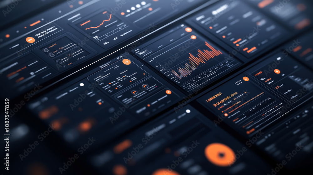 Close-up view of multiple digital dashboard interfaces with graphs and data, displayed on dark screens highlighting analytics and statistics. Close-up view of multiple digital dashboard interfaces with graphs and data, displayed on dark screens highlighting analytics and statistics.