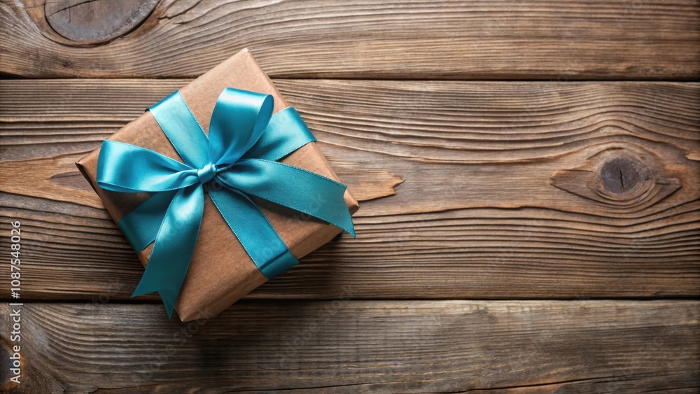 A rustic brown gift box adorned with a vibrant blue ribbon, nestled on a weathered wooden surface. A rustic brown gift box adorned with a vibrant blue ribbon, nestled on a weathered wooden surface.