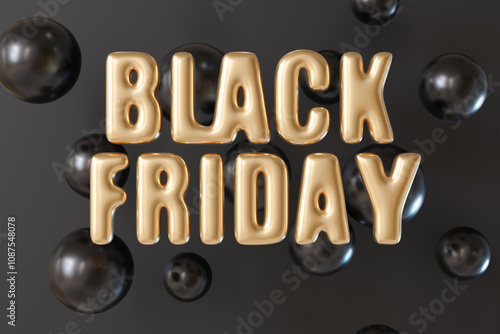 Luxurious Black Friday text in gold 3D lettering, floating against dark background adorned with reflective black balloons. Advertising and promotions, exclusivity, high-end sales in shopping season.