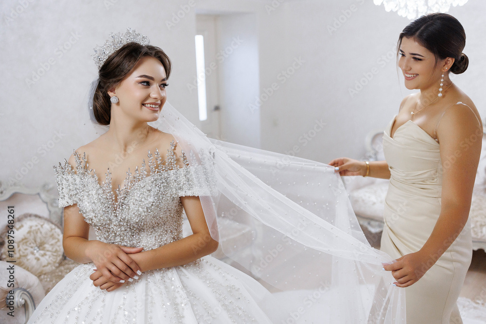 A bride is getting ready for her wedding and her bridesmaid is helping her with her veil A bride is getting ready for her wedding and her bridesmaid is helping her with her veil
