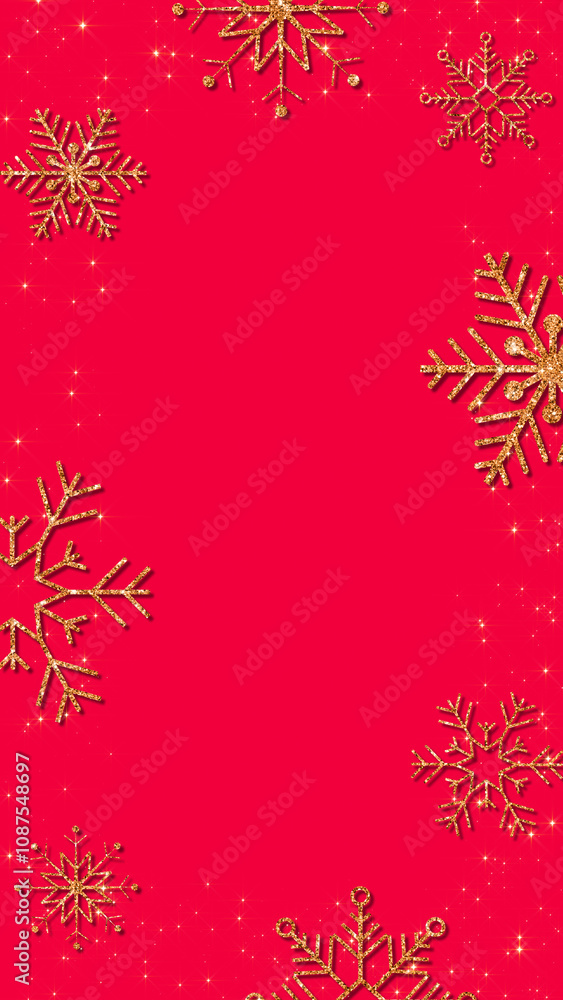 christmas background with golden glittering snowflakes and stars on red ,new year blank vertical social media  background	