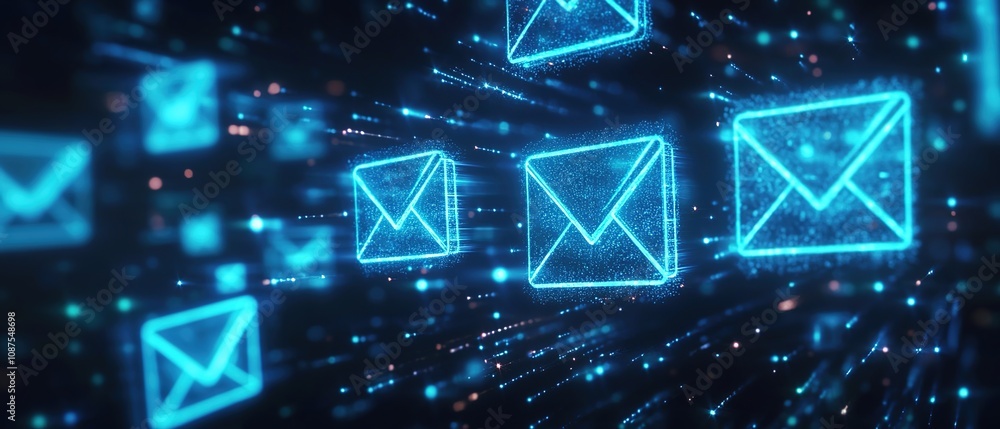 A digital background with glowing blue envelopes symbolizing email,