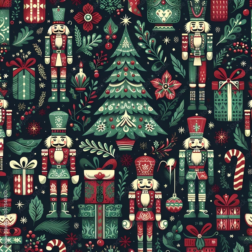 Obraz premium vintage boho illustration of cute nutcracker soldier , near christmas tree and gift boxes