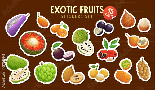 Exotic fruits stickers pack vector tropical berry food. Fresh cherimoya, kumquat, star apple and kiwano, granadilla and soursop fruits on wood boards background. Cartoon exotic berries stickers pack