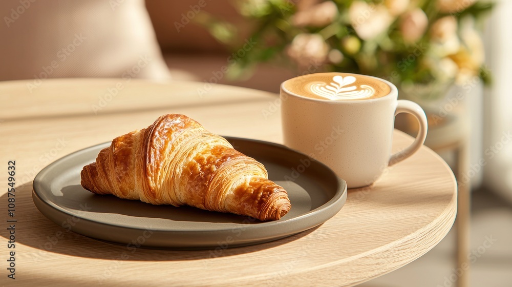 A warm croissant rests on a plate next to a cup of latte, set on a wooden table with blurred floral decorations in the background. A warm croissant rests on a plate next to a cup of latte, set on a wooden table with blurred floral decorations in the background.