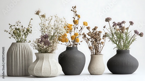 Wallpaper Mural Five textured vases hold dried flowers in varying shades of gray, beige, and yellow against a white background. Torontodigital.ca