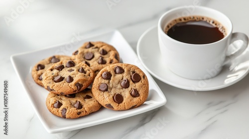 A plate of chocolate chip cookies beside a steaming cup of coffee on a marble surface, creating a cozy and inviting snack setting.