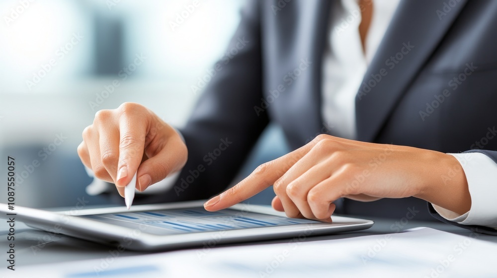 Close-up of a businesswoman pointing at a dashboard on a tablet during a consultation. Close-up of a businesswoman pointing at a dashboard on a tablet during a consultation.