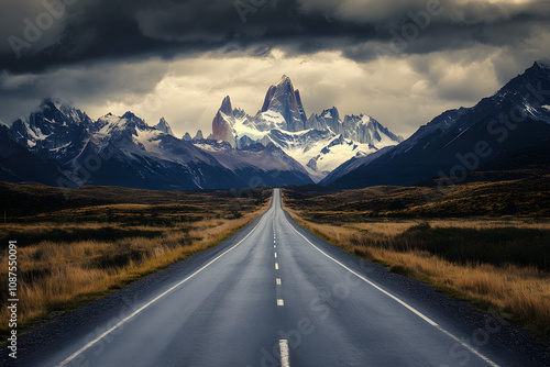 Asphalt road leading to snow capped mountains under a dramatic sky.