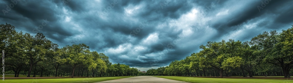 A dramatic sky over a tree-lined pathway, evoking a sense of nature and tranquility. A dramatic sky over a tree-lined pathway, evoking a sense of nature and tranquility.