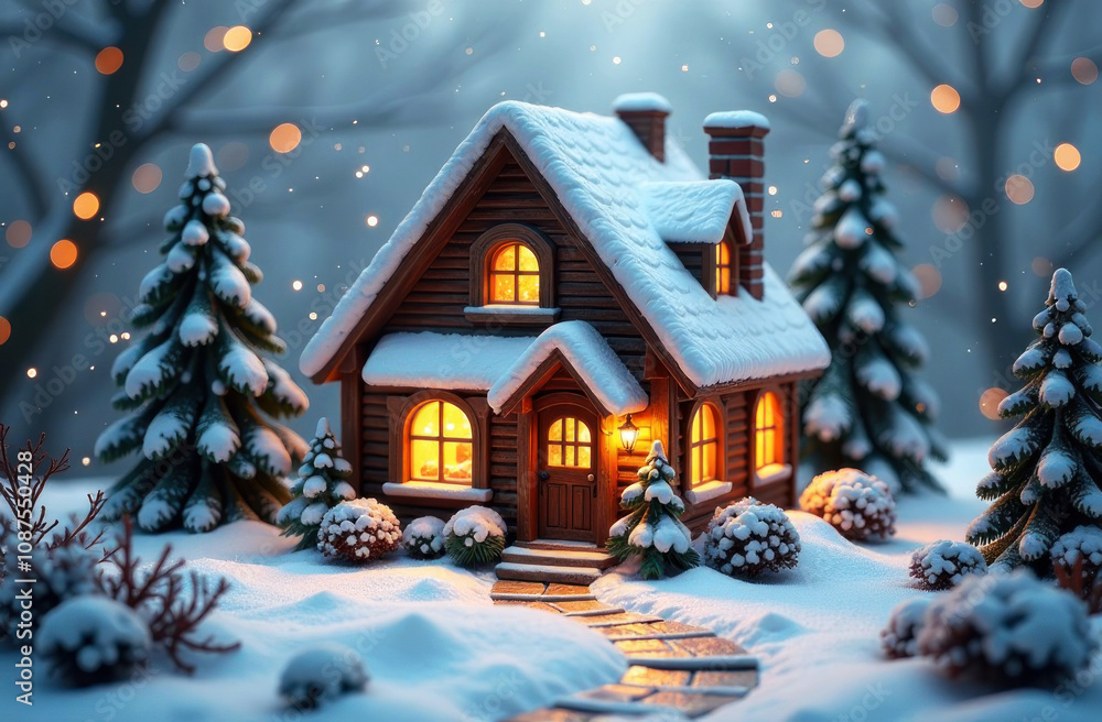 A charming wooden cabin glows warmly amidst snow-covered trees, creating a serene winter atmosphere at dusk A charming wooden cabin glows warmly amidst snow-covered trees, creating a serene winter atmosphere at dusk