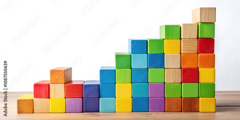 Colorful Wooden Blocks Arranged in a Stair-Step Formation on a Wooden Surface Colorful Wooden Blocks Arranged in a Stair-Step Formation on a Wooden Surface