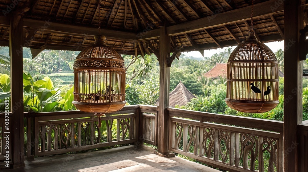 Traditional bamboo bird cage hanging on the terrace of a Javanese wooden hou Traditional bamboo bird cage hanging on the terrace of a Javanese wooden hou