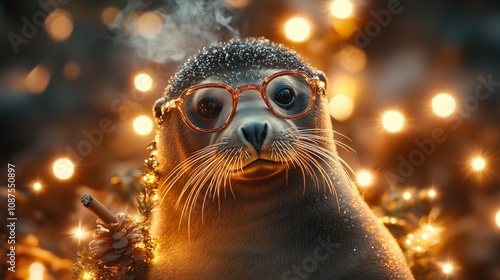 Serene Seal with Glasses and Cigar, Christmas Lights Glimmering