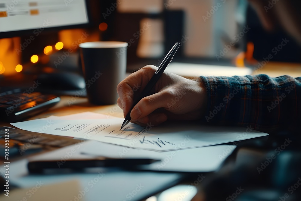 A person signing a cheque at the office A person signing a cheque at the office