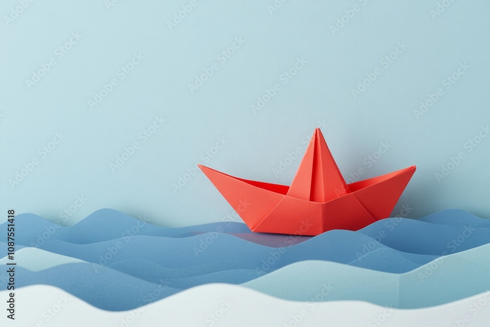 Obraz premium Origami Boat on Blue Waves: Minimalist Paper Art Capturing Tranquility and Creativity in Stock Image