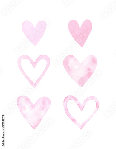 Watercolor set of pink hearts isolated on white background. Pink colored hearts with stains. Watercolor paint texture. Festive design and decoration of St. Valentine's Day. Elements for decor.