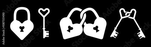 Abstract white heart lock collection, love heart padlock set, heart shape key on black. Romantic icon concept vector illustration. Valentines day romantic heart design isolated on white. 