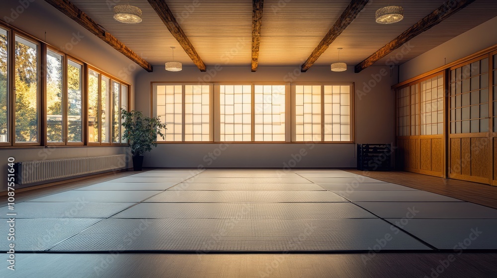 Taekwondo mats in a gym, positioned for practice but empty, with soft light from overhead lamps illuminating the room. Taekwondo mats in a gym, positioned for practice but empty, with soft light from overhead lamps illuminating the room.