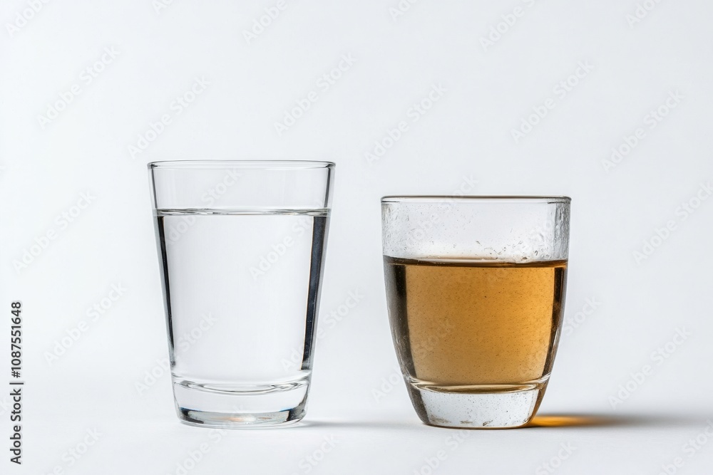 Clear vs. Contaminated: A Comparison of Clean and Polluted Drinking Water in Transparent Glasses on a Minimalist Background Clear vs. Contaminated: A Comparison of Clean and Polluted Drinking Water in Transparent Glasses on a Minimalist Background