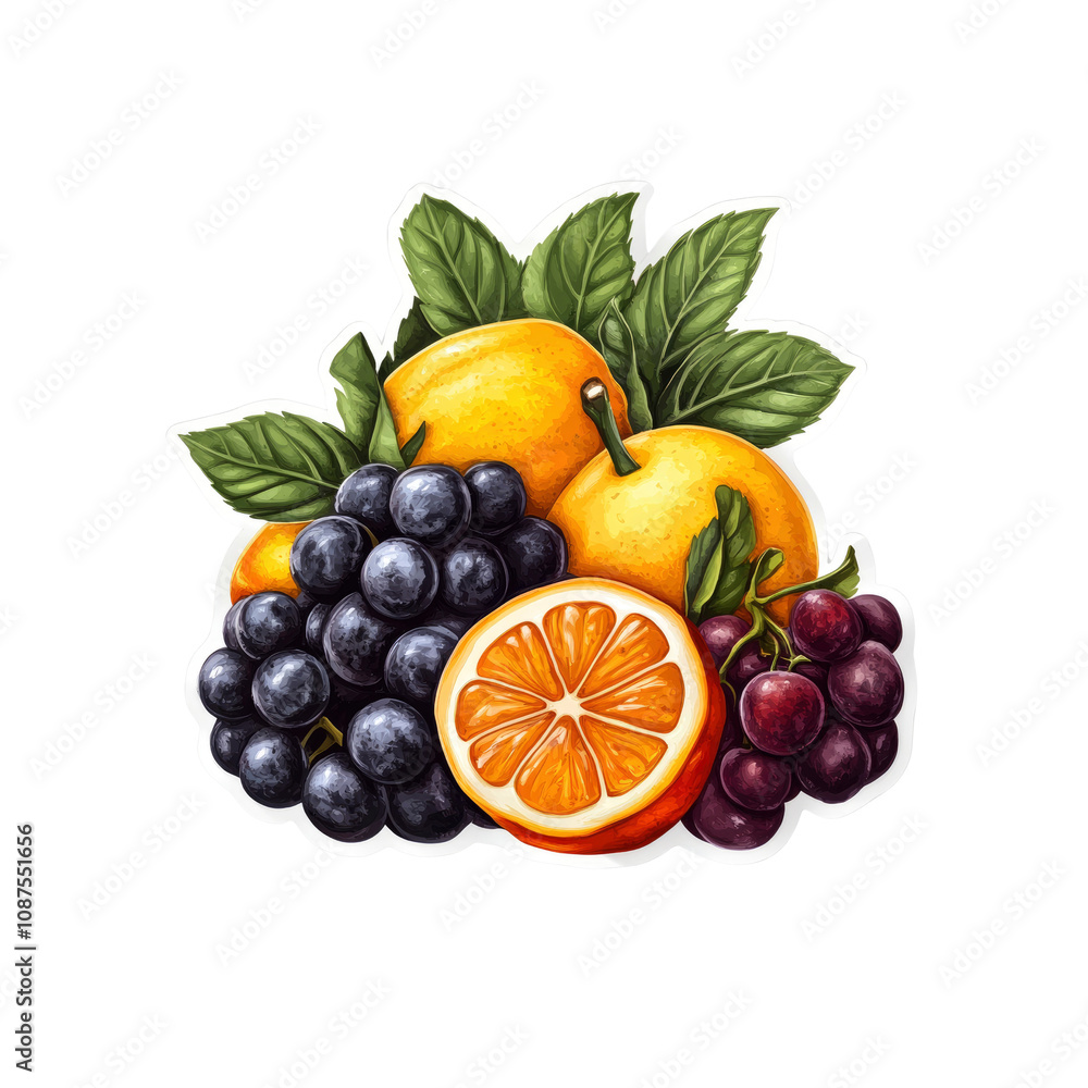 Vibrant Still Life of Oranges and Grapes, Hand-Drawn Illustration Vibrant Still Life of Oranges and Grapes, Hand-Drawn Illustration