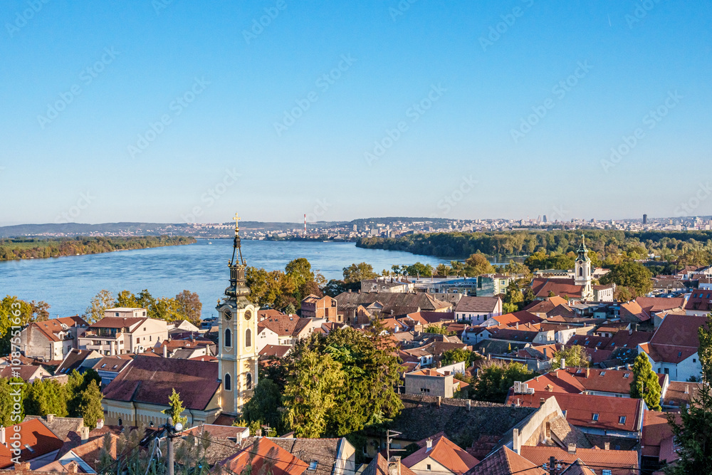 Fototapeta premium Danube river in the Belgrade city, Serbia from Gardos Tower