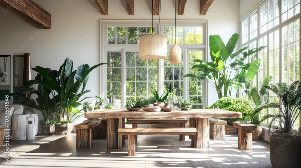 Fototapeta premium A rustic dining room with a wooden table, chairs, and benches, surrounded by large windows and lush greenery.