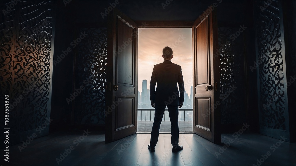 Business man in front of doorway Concept of opportunity in business. Business man in front of doorway Concept of opportunity in business.