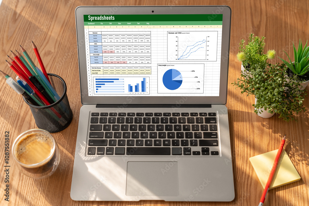 Fototapeta premium Spreadsheet document information financial startup concept. data and graphs in spreadsheet documents for online analysis project dashboard accounting digital snugly