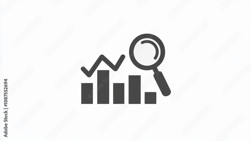 A black and white icon depicting a bar graph with a magnifying glass over it. The graph shows an upward and downward trend. A black and white icon depicting a bar graph with a magnifying glass over it. The graph shows an upward and downward trend.