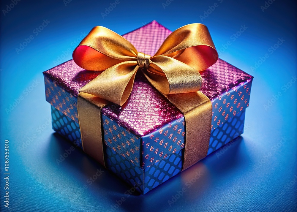 Elegant Gift Box, Blue Background, Macro Photography Elegant Gift Box, Blue Background, Macro Photography